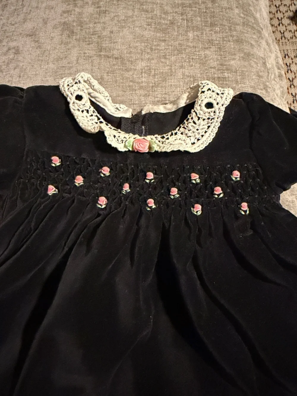 Vintage Black‎ Velvet Baby Dress with Crochet Collar and Pink Embroidery